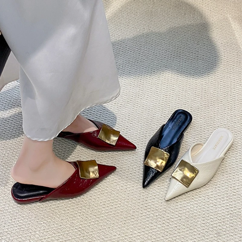 

Metal Decoration Women Cover Toe Mules Slippers Slip On Flats Slide Ladies Elegant Spring Summer Slingbacks Party Dress Shoes