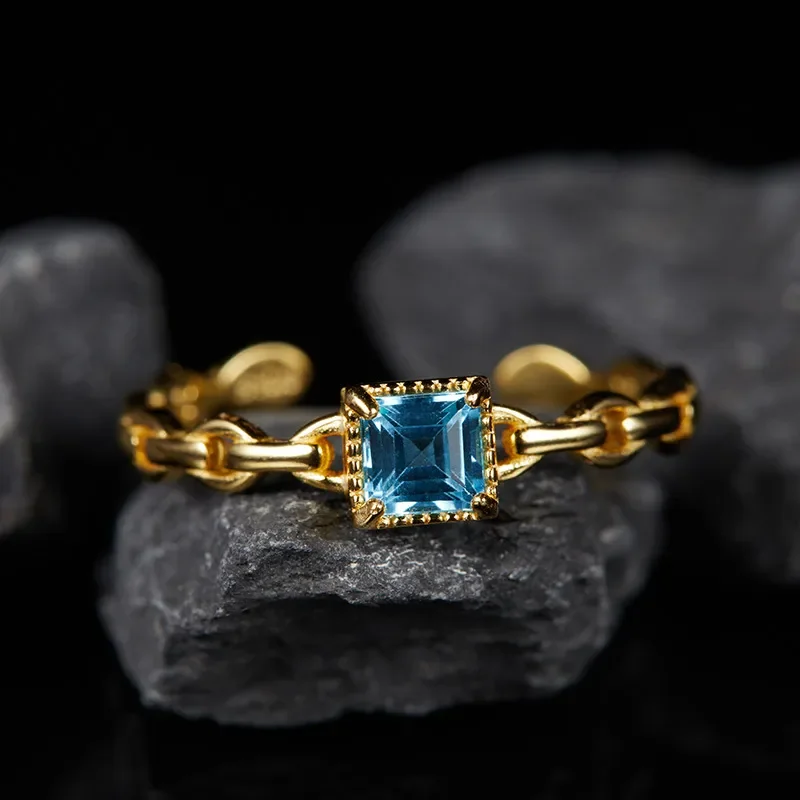Color Treasure Ring Wholesale S925 Sterling Silver Inlaid Natural Topaz Sugar Cube Open Ring Ring Fashion High Sense Women