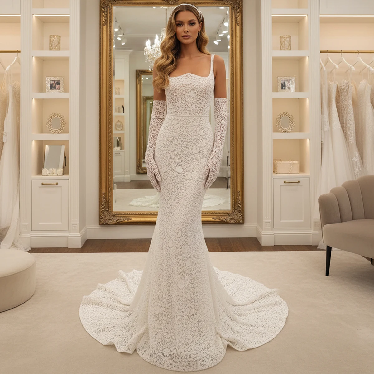 エレガントなシースレースのウェディングドレス花嫁のためのマーメイドロングスクエアカラーバックレスブライダルパーティードレストレイン付き Vestidos Novia