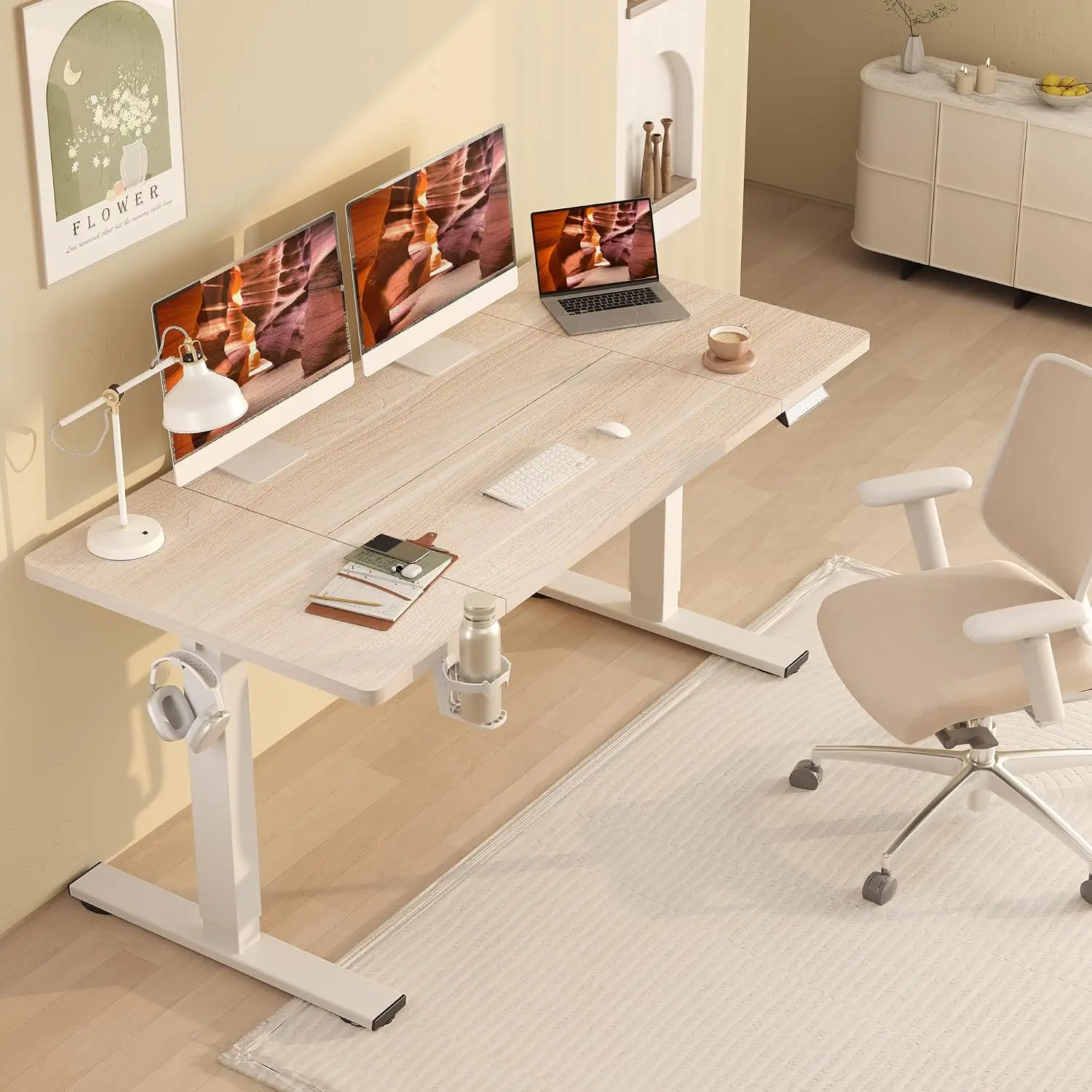 White Electric Adjustable Standing Desk 71x31 Inch Extra Large Home Office Workstation Memory Preset, Customized