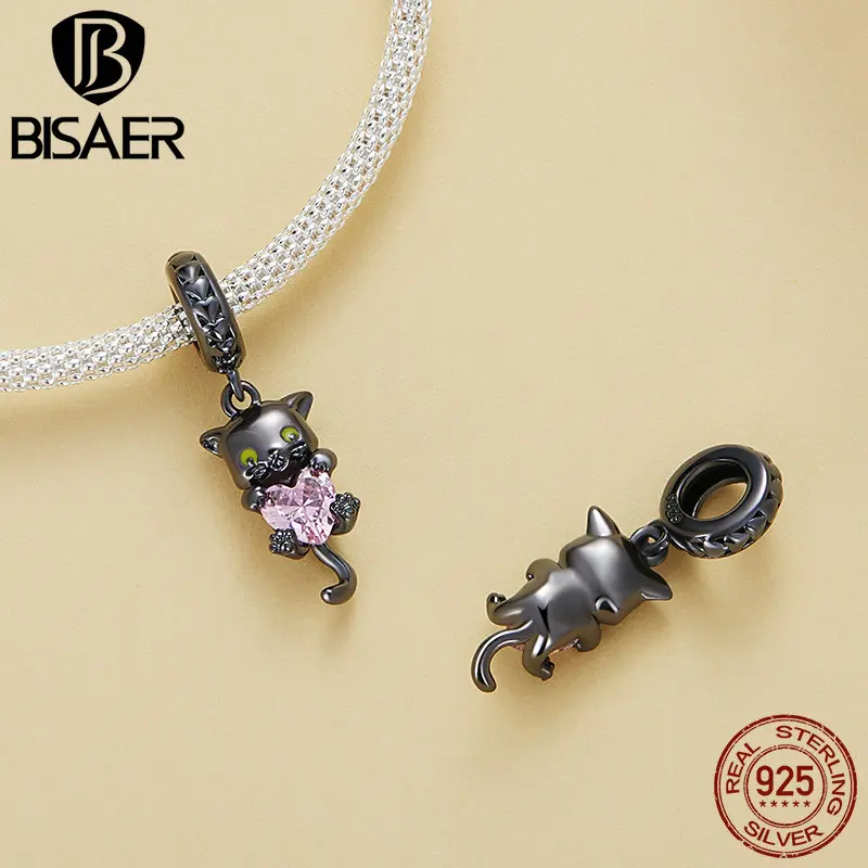 BISAER 925 Sterling Silver Black Cat Charm Bead Cute Pet Pink zircone Heart Pendant Fit Women fai da te Bracele Fine Jewelry Party Gift