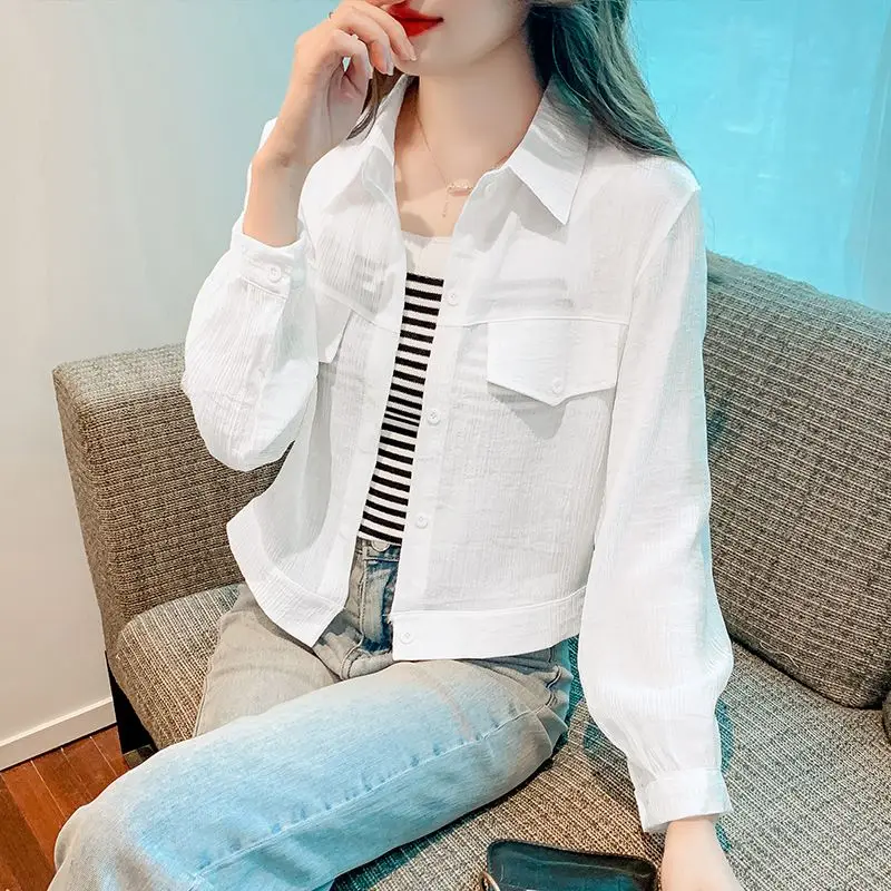 Summer Elegant Fashion Harajuku Slim Fit Female Clothes Loose Casual All Match Outerwear Button POLO Collar Long Sleeve Shirt