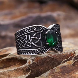 New Design Creative Stainless Steel Green Stone Ring For Men Women Fashion Vintage Viking Celtic Knot Rings Amulet Jewelry Gifts