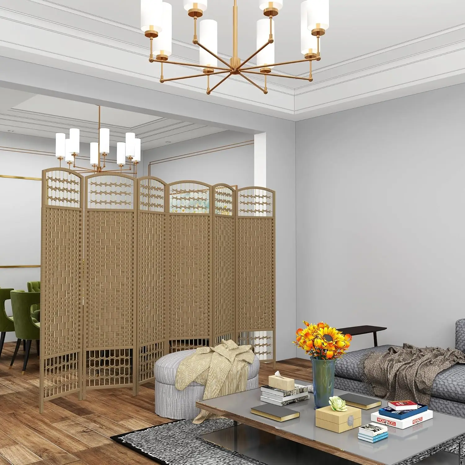 شاشة خصوصية قابلة للطي مكونة من 6 ألواح، فاصل غرفة 5.6 بوصة، مقسم أقسام قائم بذاته من الألياف المموجة، طبيعي