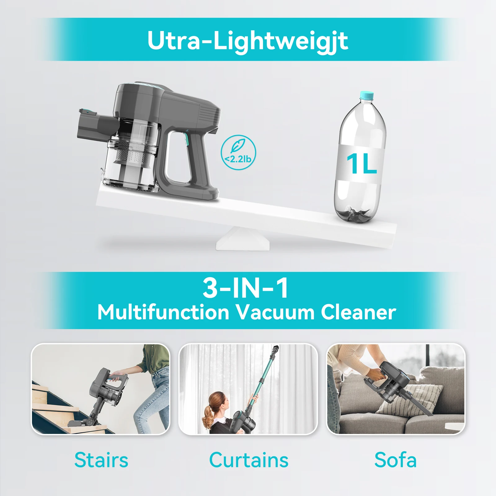 YISORA Cordless Stick Vacuum Cleaner, Ultra Lighweight Rechargeable Battery, Up to 40Mins Handheld Vacuum for Household Cleaning