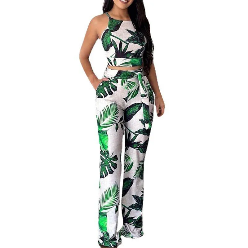 Summer Two Piece Set Women Fashion Short Print Sleeveless Vest High-waisted Wide-leg Pants Suit Two Piece Set Women Casual Suit