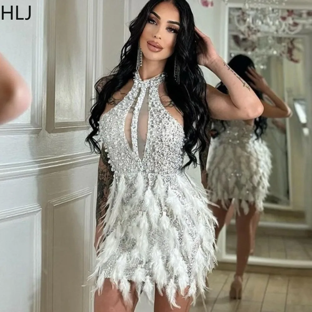 

HLJ Sexy Mesh Splicing Sequin Feather Bodycon Party Club Dress Women Round Neck Sleeveless Slim Vestidos Female Evening Clothing