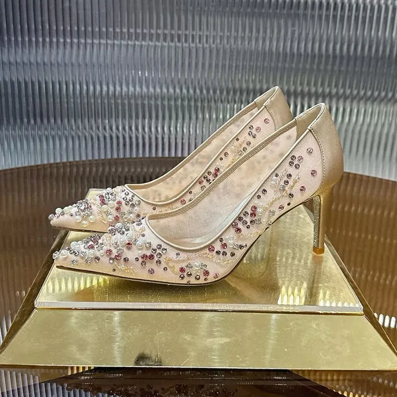 جديد المرأة سلسلة حبة ديكور رقيقة عالية الكعب Sandalias أشار تو شبكة مغلقة تو الصنادل الصيف فستان الحفلات أحذية مضخات