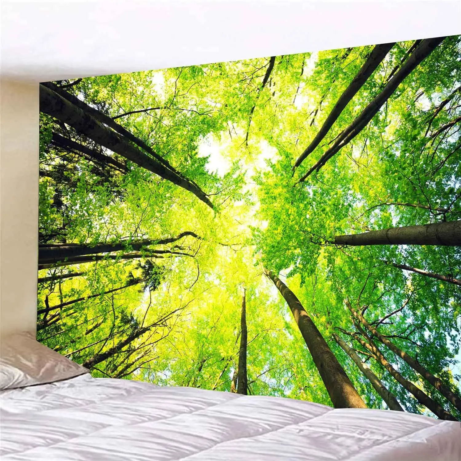 Green Forest Tapestry Nature Tapestry Ceiling Tree Sunlight Landscape Tapestries for Bedroom Living Room Office Classroom Decor