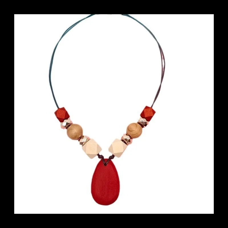 الرجعية العرقية نمط الخشب الطبيعي مطرز قلادة المرأة قطرة الماء الخشبية قلادة الترقوة سلسلة مجوهرات #5