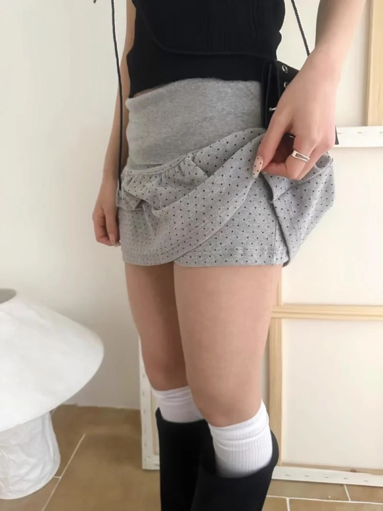 Korean Style Summer Tie Shoulder One-Shoulder Short Sleeve T-Shirt Top Slim Polka Dot  Skirt Casual High Waist A-Line Skirt