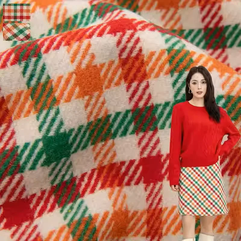 

Red/Green/Orange Lattice Yarn-Dyed Braided Tweed Fabric For Autumn Jacket Dress Suits Coat DIY Cloth Sewing Material