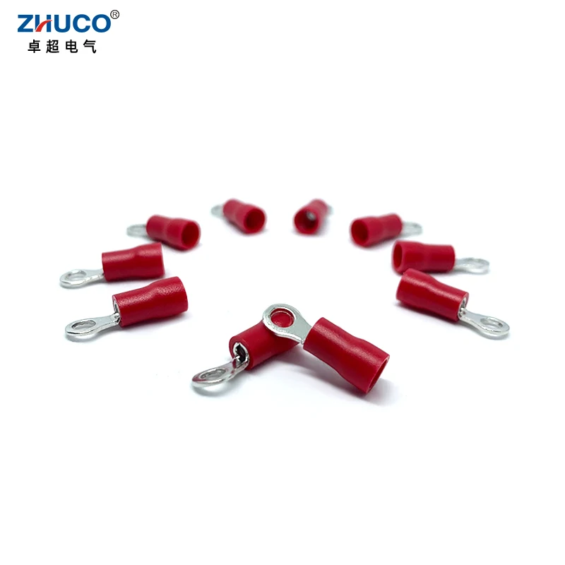 100pcs RV1.25-3 22-16AWG 0.5-1.5mm2 Copper Ring Round Red PVC Pre-Insulated Electrical Wire Connector Cable Crimp Terminal