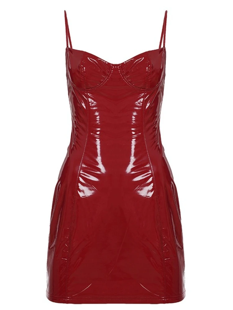 SsTss セクシーな光沢のあるフェイクレザーのスパゲッティストラップドレス、女性用、レッド、ノースリーブ、ハイウエスト、スリム、ボディコン、ミニドレス、ナイトクラブ向け