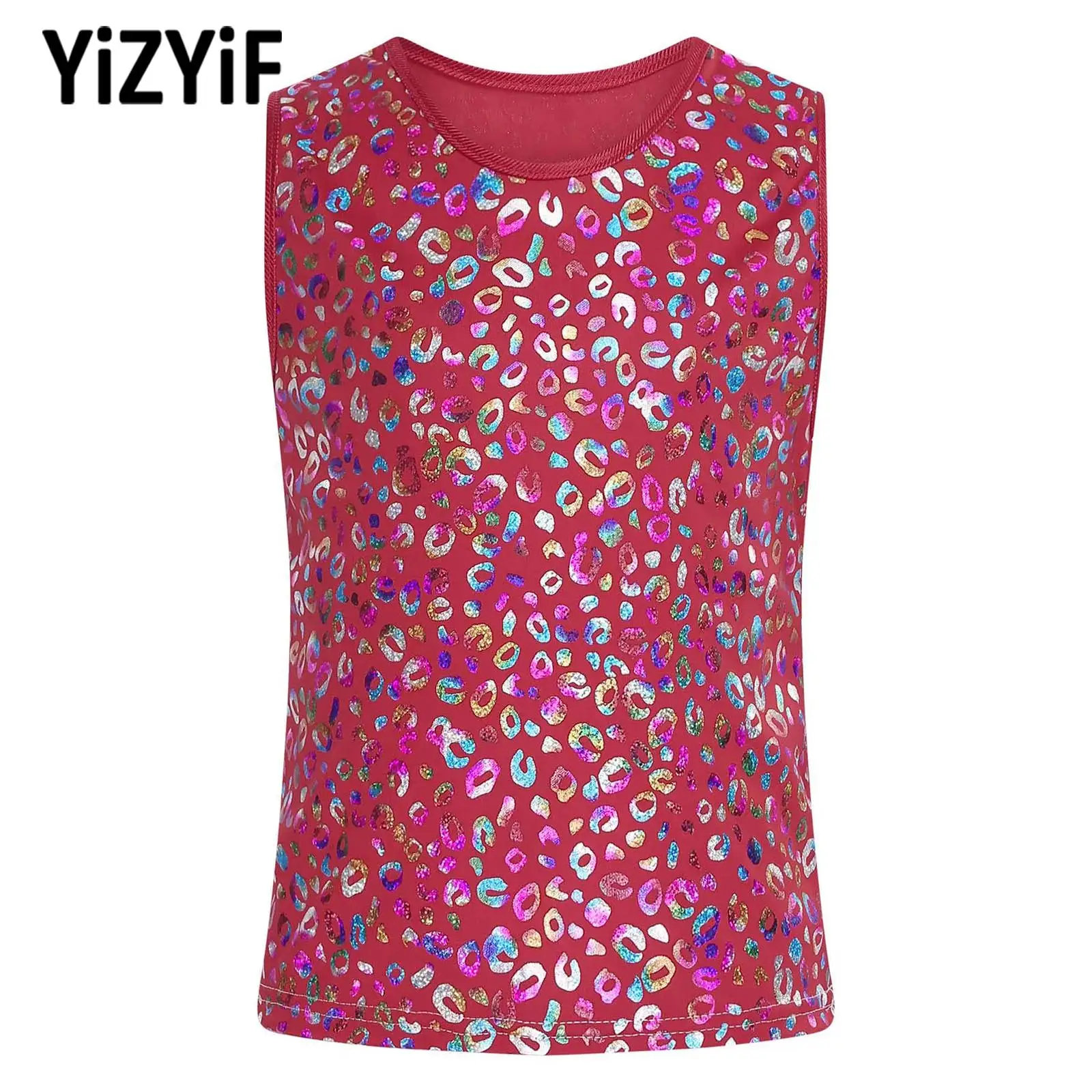 Unisex Kids Jazz Street Dance Vest Workout Costume Metallic Leopard Sleeveless Tank Top Cheerleading Tops for Stage Performance