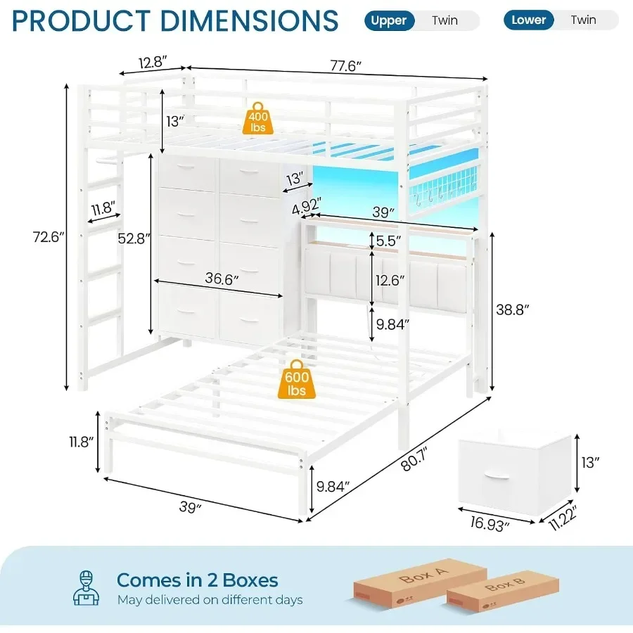 Bunk Bed Twin Over Twin for Room, Solid Wood, White, 8 Drawers + Storage Headboard + LED Lights