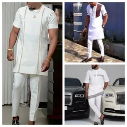 Kaftan Men's Two-Piece Suit Male Sets Round Neck Short Sleeve Ethnic Tops Shirt Trousers Comfortable Clothing Wedding Outfits