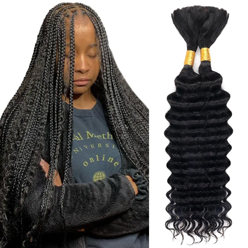 Deep Wave Braided Human Hair natural black 100% Raw Brazilian Native Hair Extensions Two Strands 100g Weftless Human Hair