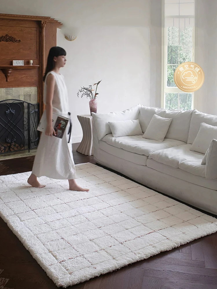 Soft Fluffy Plain Color Living Room Carpet Simple New Plaid Area Rug Thick Bedroom Plush Rug French Cream Style Modern Girl Room