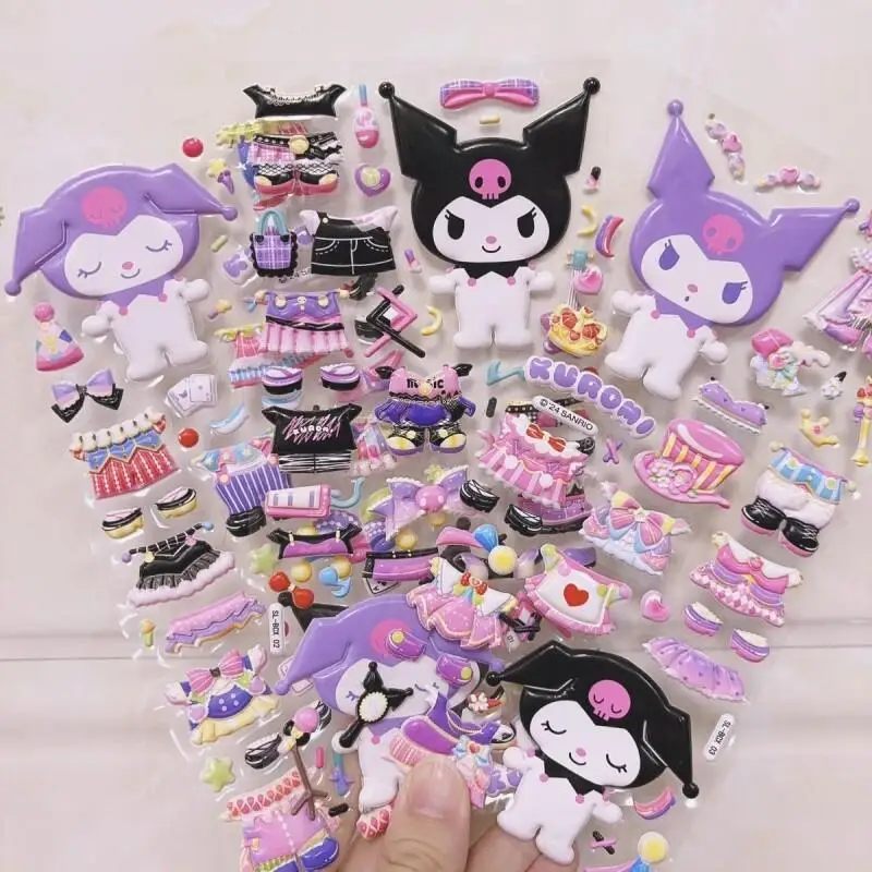 سانريو الكرتون لطيف Kuromi ثلاثية الأبعاد منتفخ ملصقات ماجيك الصليب خلع الملابس ملصق لغز لعبة ملصق مائي سجل القصاصات الهاتف القرطاسية الديكور