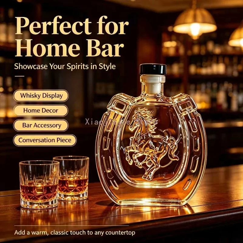 Creative Horseshoe Glass Decanter with Horse Relief Pattern 350ml Liquor Bottle for Bar Display Gift for Men