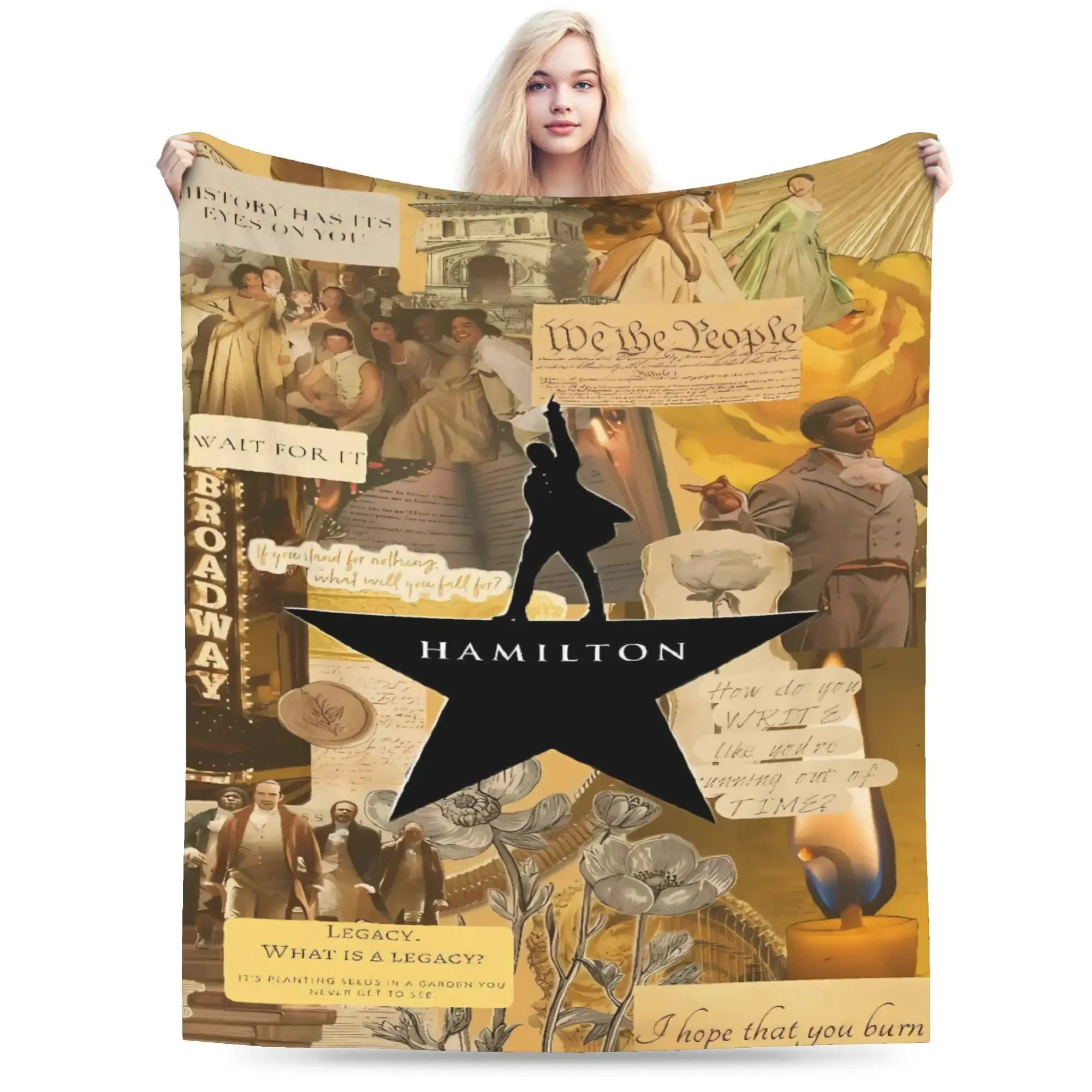 Hamilton Musical Theater Fleece Blanket Soft Broadway Design Throw Cover Cozy Home Decor Gift for Music Lover Fan Art Bedroom