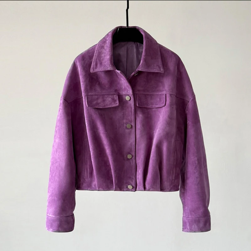 Giacca in vera pelle da donna in pelle di capra importata 2025 Autunno Viola Colletto corto con risvolto Cappotti casual in pelle scamosciata per bambini allentati femminili