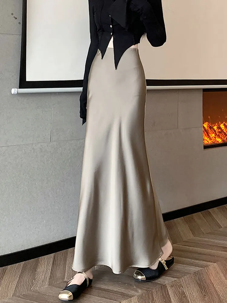 

Новая женская асимметричная юбка-футляр из атласа цвета шампань с высокой талией, А-силуэт, длинная, повседневная, весна 2026