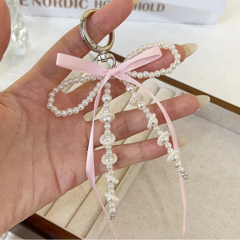 

Korean Chic Pearl Bow Heart Pendant Cute Ballet-style Girl's Handbag Backpack Hanging Decoration Girlish Car Keychain DIY Charm