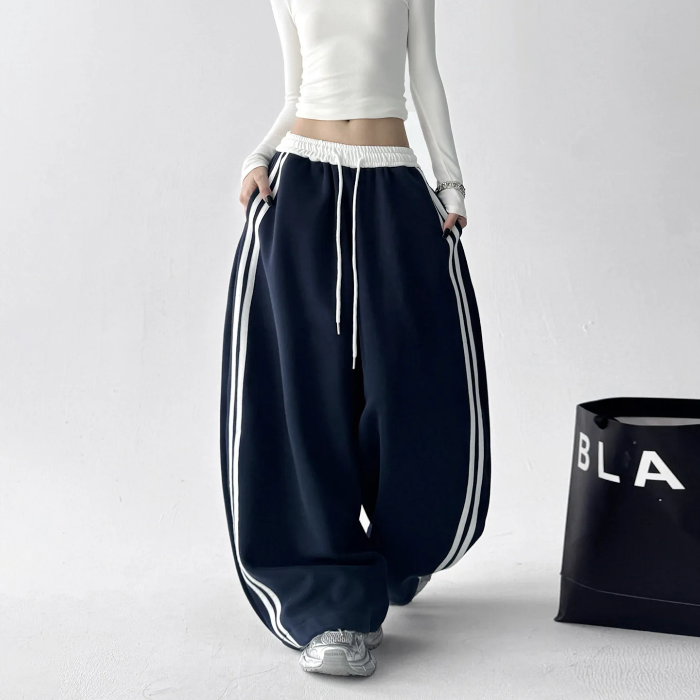 

Striped splicing contrasting casual pants children loose high waist thin sports straight sweatpants drape wide leg trousers