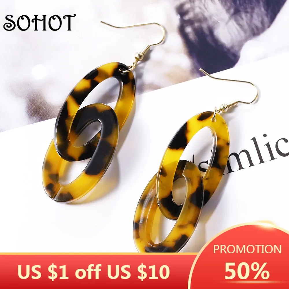 SOHOT Classic Hollow Double Oval Women Acrylic Drop Earrings Classic Acetic Acid Tortoiseshell Color For Lady Major Jewelry