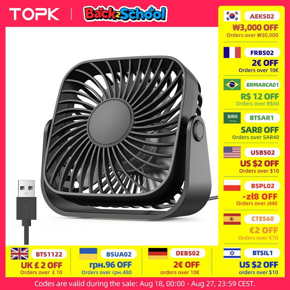  TOPK 4Inch USB Mini Portable Fan for Camping,3 Speeds Quiet Desk Table Personal Fan,360°Adjustment Standing Fans for Room Home 