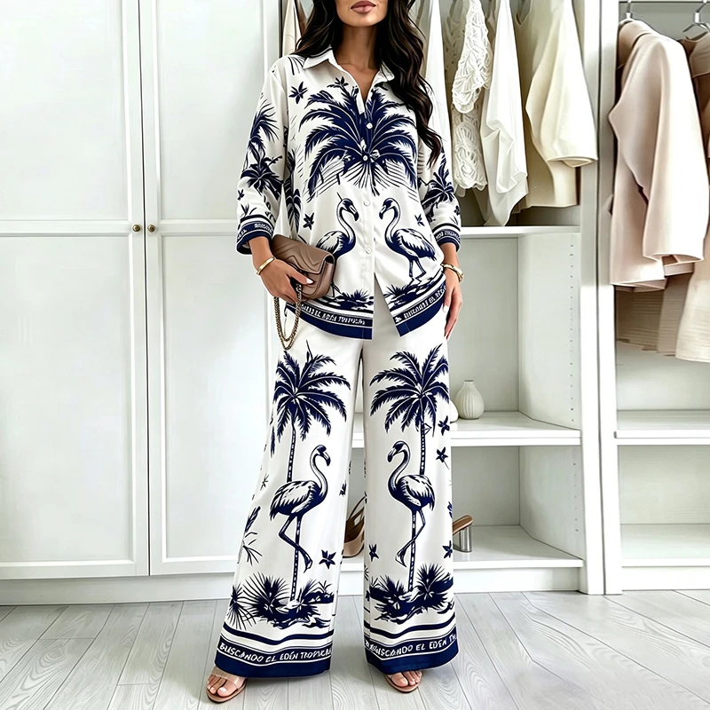 Temperament Collar Loose Office Commute Outfit Autumn Elegant Printed Long Sleeve Suit Casual Single Breaste Shirt+Pants 2pc Set