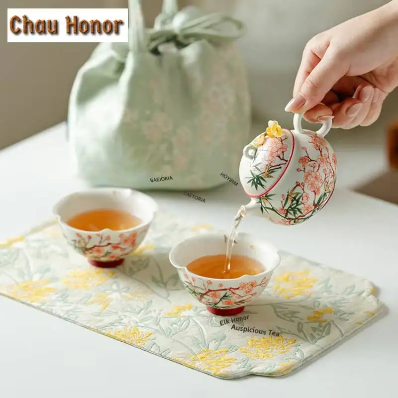 ZAEYORIA Hand Painted Bamboo Plum Travel Tea Set Kit Ancient 1 Pot 1/2 Cup Tea Maker Organizer Portable Camping Stock Bag Teaset