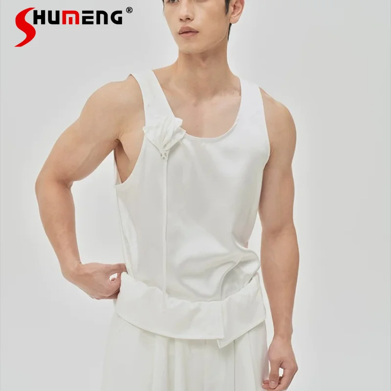 

2026 Summer New Fashion Light Luxury Vests Chic Three-dimensional Floral Satin Tank Tops Men's Loose Sleeveless Solid Color Tops