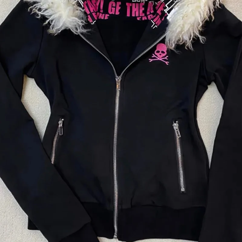 고스 하이 스트리트 Y2K 블랙 퍼 칼라 지퍼 스웨트셔츠 후디 여성 스웨트셔츠 하라주쿠 레터 프린트 슬림 코트 겨울 옷