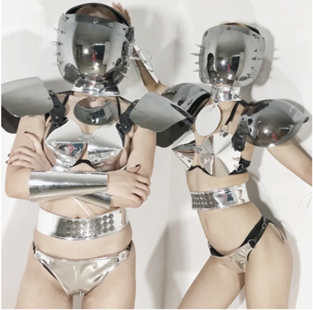 2025 Technology Sense Nightclub Dancer Stage Costume Punk Rivet Mask Sexy Silver Bikini Rave Outfit Adult Pole Dance Clothes y80