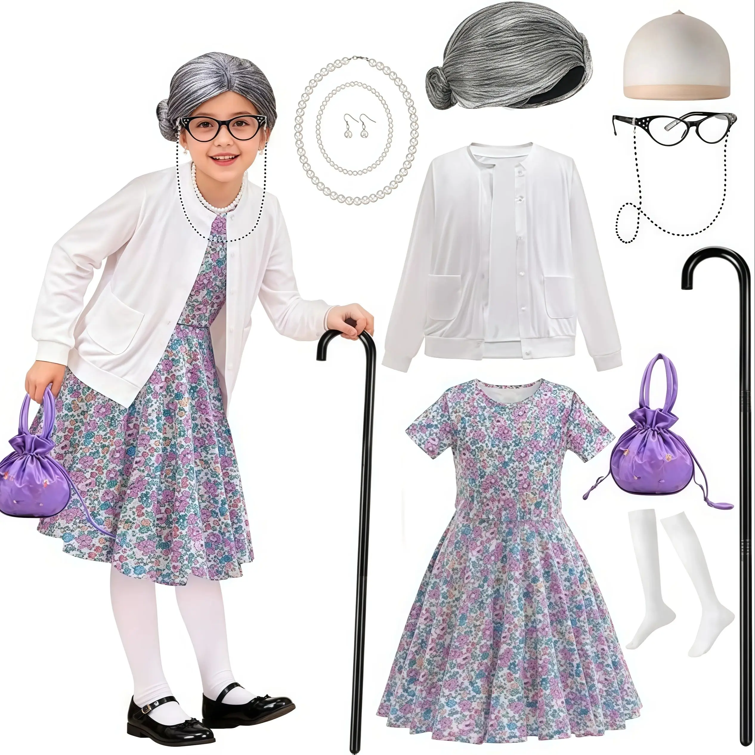 

Костюм старой леди для детей, 100-й день школы, 100-летний аксессуар для бабушки для маленьких старых женщин, бабушки, представление, карнавал, косплей