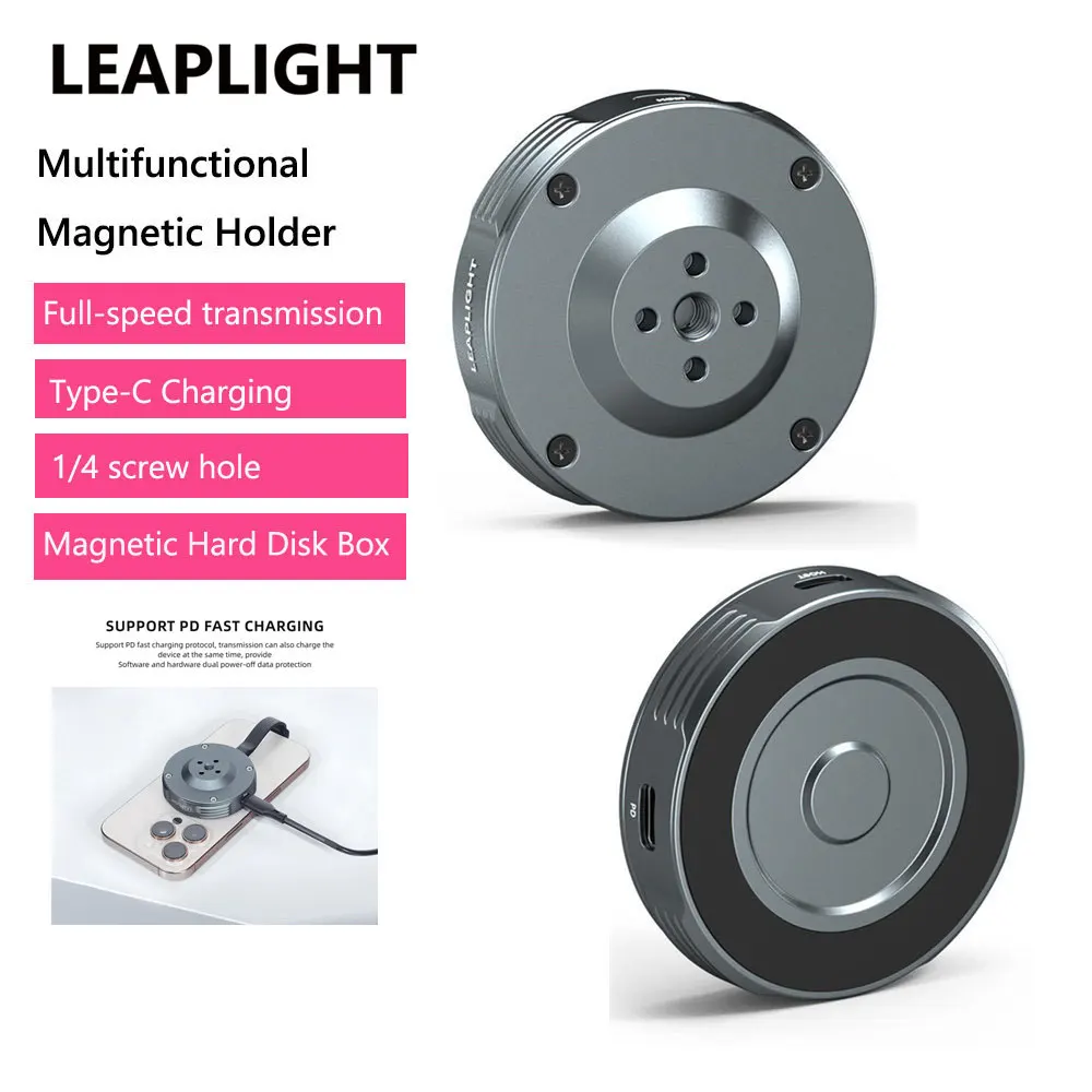 LEAPLIGHT Magnetic Phone Holder W Type-C Charging Magsafe Hard Disk Box for Iphone 16/15 Pro Max Android Teleprompter Record