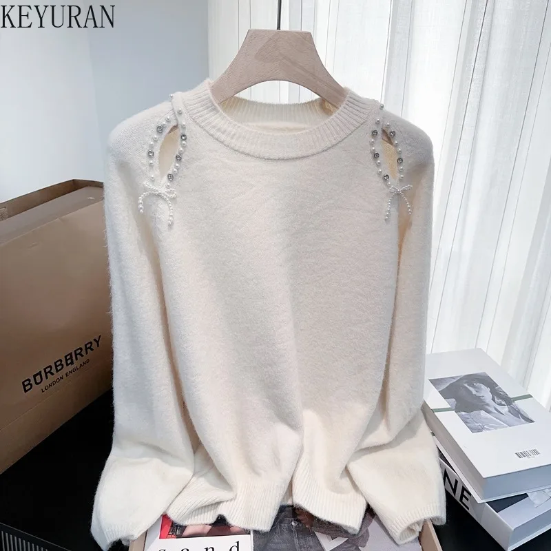 Otoño Invierno rebordear jerseys de punto mujeres suéteres moda coreana cuello redondo manga larga prendas de punto sólidas Tops Pull Femme Jumpers