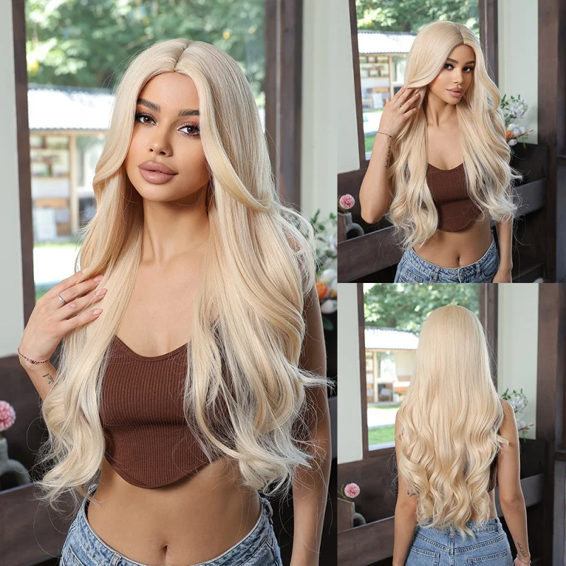 Rose net wig with long curly hair, middle parting, large waves, fashionable light golden synthetic fiber headpiece