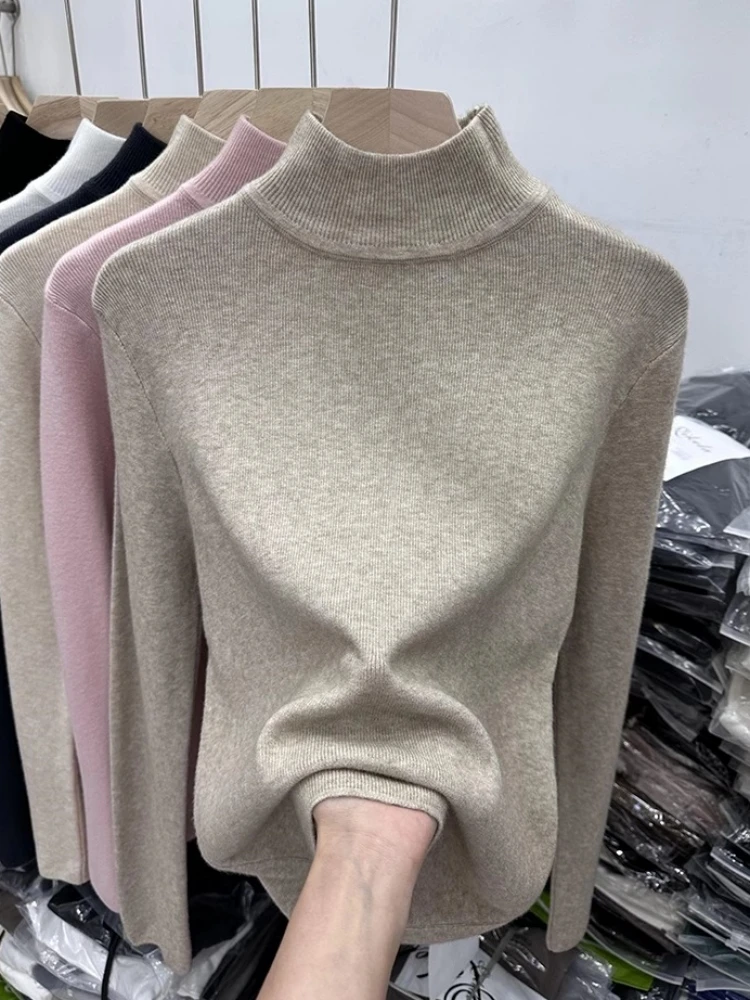 

Spring 2025 Women's Slim Fit High Ne Knitted Base irt Korean Sle Commute Long Sve Regular Thin Pure Color