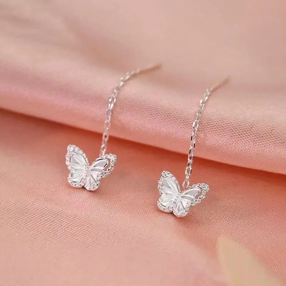 925 Silver Needle Chain Tassel Butterfly Mini Stud Earrings For Women Party Minimalist Cute Fashion Jewelry Accessible