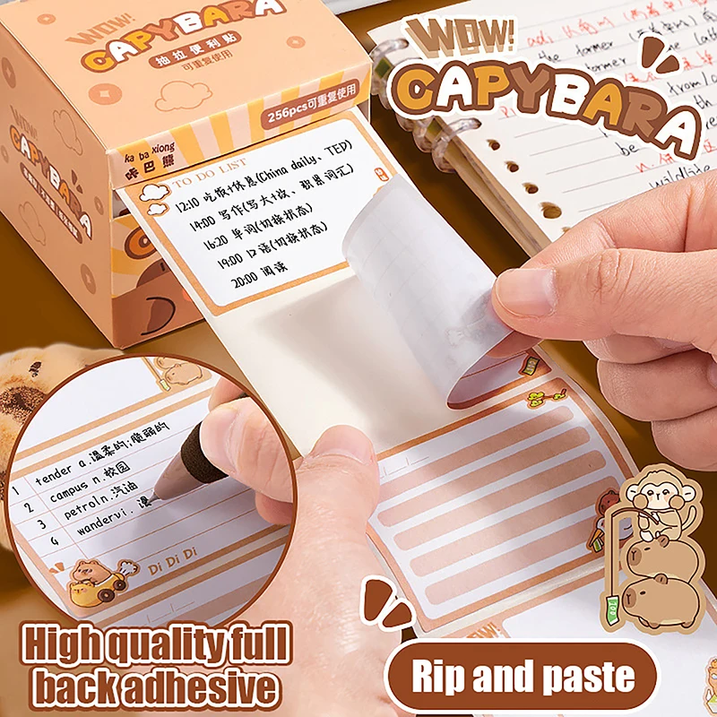 Kawaii Kapibala Sticky Notes, Creative Pull-Out Tearable Notepad, Multifuncional Sticky Note Estacionário, Presentes para Estudantes, 256 Folhas
