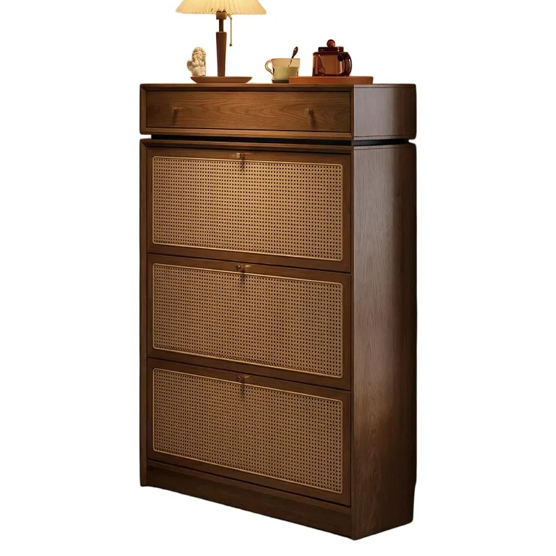 rattan solid wood ultra-thin shoe cabinet, home entrance entrance tipping bucket storage integrated shoe rack against the wall