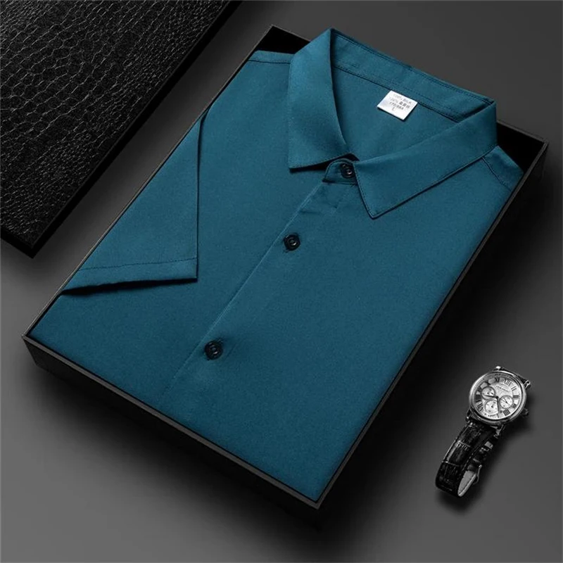 Solid Color Lightweight Silk Shirts For Men Short Sleeve Coolness Summer Quality Soft Comfortable Casual Satin Camisas De Hombre