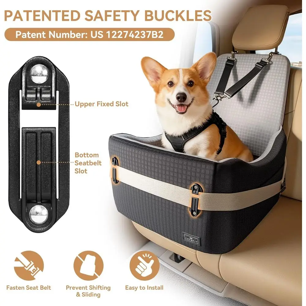 Elevated Pet Car Seat with Safety System, Detachable Cover for Small/Medium Dogs Up to 35 Lbs