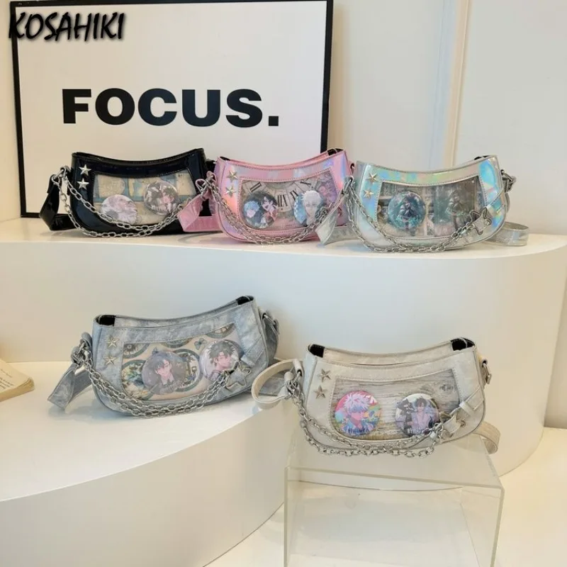 Personality Transparent Holographic Ita Bag Sweet Cool Y2k Aesthetic Punk Shoulder Handbags Women Vintage Ins Chain Underarm Bag