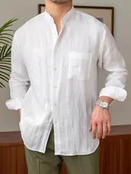 HOUZHOU camisas de lino y algodón para hombre, Tops de playa, camisa con botones, cuello de banda, ropa de calle informal suelta, manga larga blanca, Verano