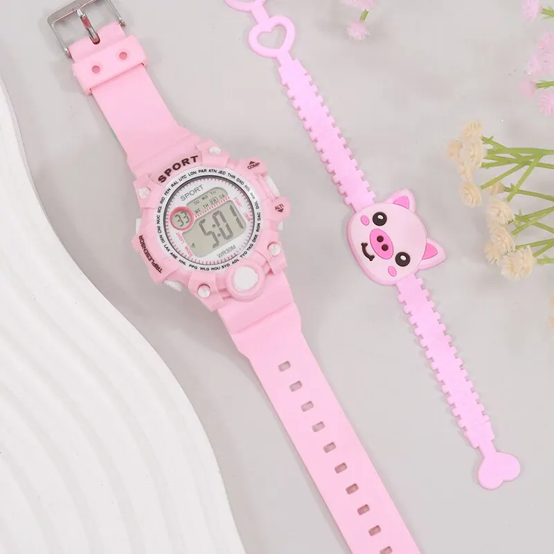 Girls Kids Children Student Pink Women Lady Clock Calendar Silica Gel Cartoon Pig Bracelet Quartz Wrist Watch